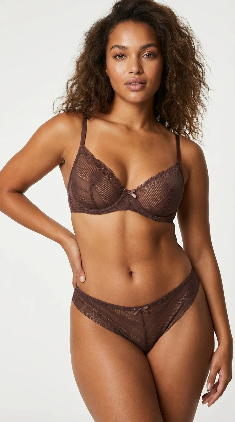 Kadın Sexy Tanga Komple Tül Şeffaf Külot Fiyonklu Detay Mocha - Arka Görünüm - LunaIntim